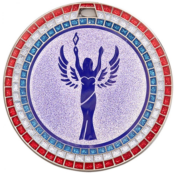 VICTORY STATUE RED,WHITE AND BLUE GEM MEDAL -70MM - SILVER
